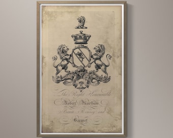 May include: A vintage black and white illustration of a coat of arms featuring two lions supporting a shield with a crest. The text below reads "The Right Honourable Robert  Wardlaw Baron  Romney and Baronet."