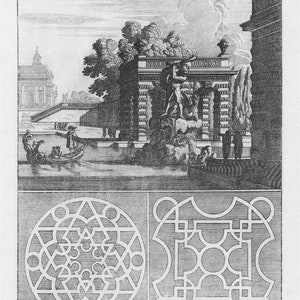 May include: A black and white engraving of a fountain with a statue of a woman holding a pitcher. The fountain is surrounded by trees and a building. The engraving is labeled "Print #3".