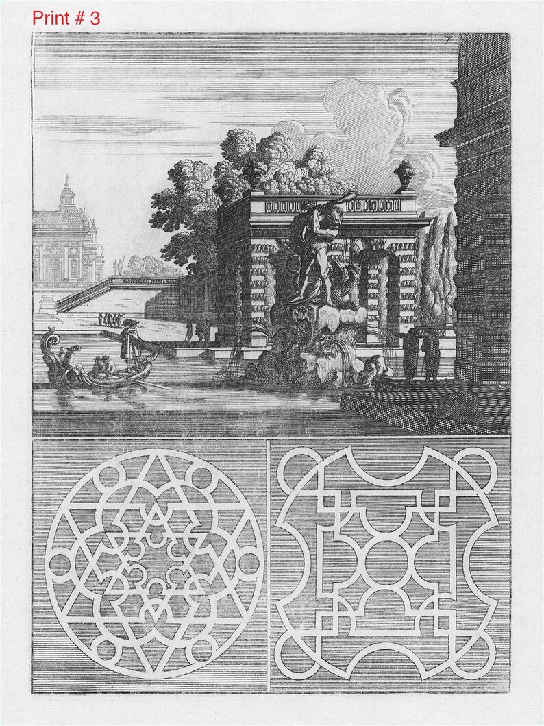 May include: A black and white engraving of a fountain with a statue of a woman holding a pitcher. The fountain is surrounded by trees and a building. The engraving is labeled "Print #3".