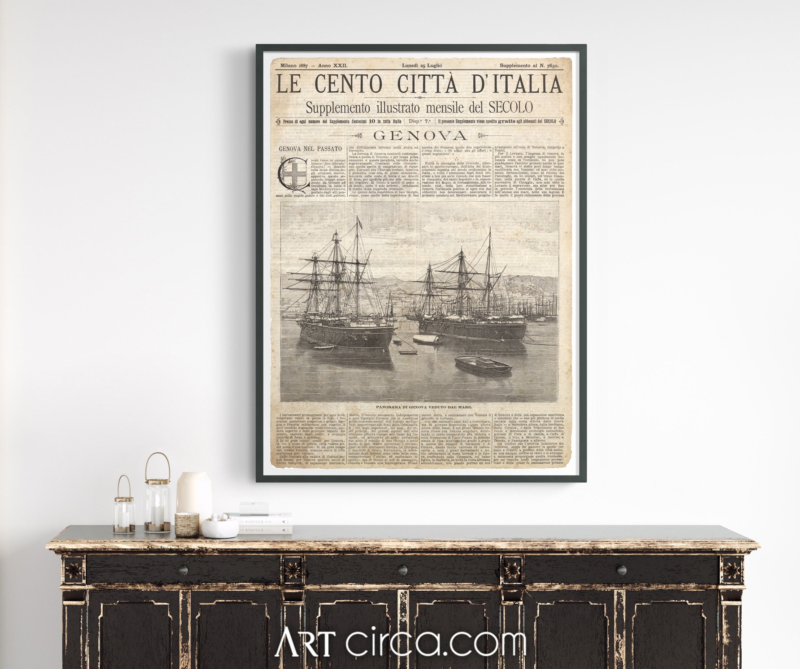 Vintage Italian Newspaper :  Genova - Vintage Newspaper Art - Vintage Italy - Old Italy Genova- Circa 1887