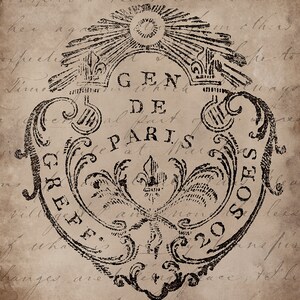 May include: A black and white vintage stamp with ornate details. The stamp features the text "GEN DE PARIS" and "GREFF 20 SOS".