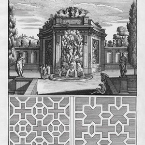 May include: A black and white engraving of a fountain with a figure of a man in a niche. The fountain is surrounded by a garden with trees and statues. The engraving is labeled "Print #1".