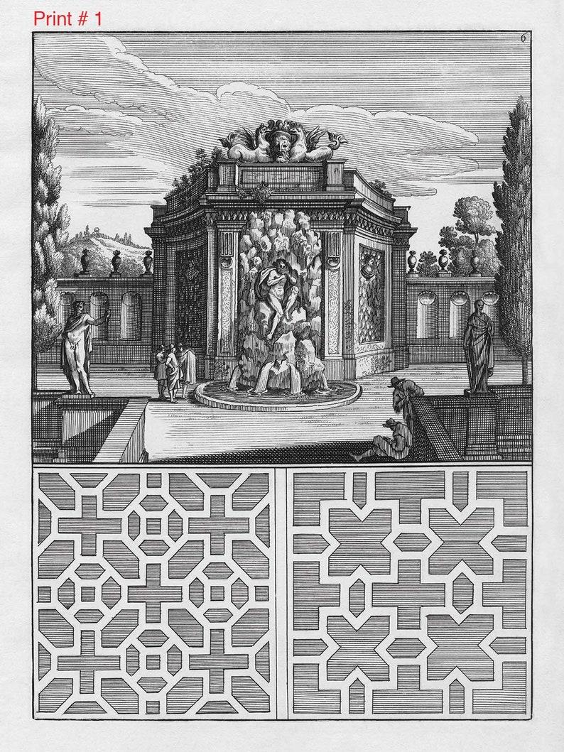 May include: A black and white engraving of a fountain with a figure of a man in a niche. The fountain is surrounded by a garden with trees and statues. The engraving is labeled "Print #1".