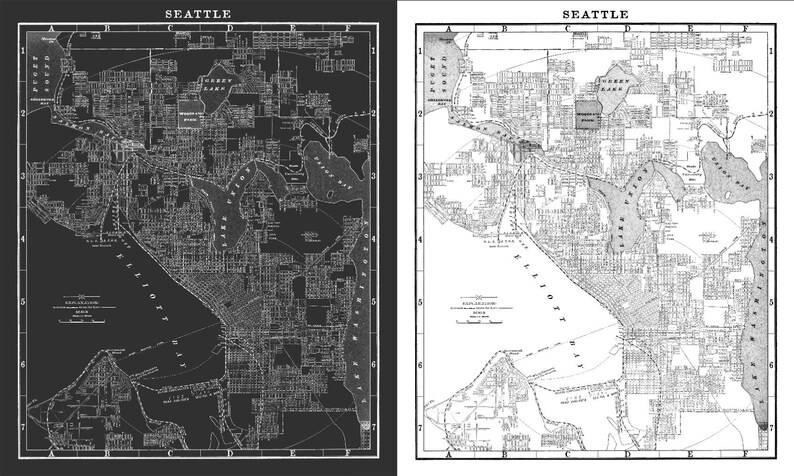 May include: A black and white map of Seattle, Washington. The map shows the city's streets and neighborhoods. The map is labeled with the city's name and the year it was published.