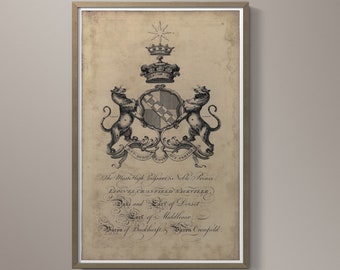 May include: A black and white vintage illustration of a coat of arms with a crown, two lions, and a shield with a checkered pattern. The text below reads "The Most High Puissant, Noble Prince, Lionel Cranfield Sackville, Duke and Earl of Dorset, Earl of Middlesex, Baron of Buckhurst, Baron Cranfield."