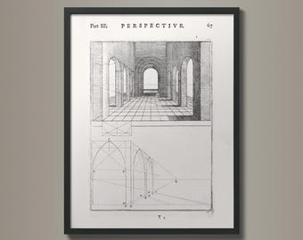 Übung der Perspektive: 18th C. Radierungen | Architektur | Illustration | Geometrie | Perspektive Kunst | Vintage Anfertigung | Fluchtpunkt