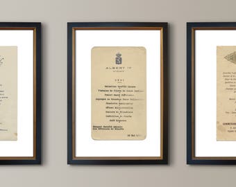 May include: Three framed vintage menus. The central menu, framed in black, features the text "ALBERT 1er VICHY" at the top, with a list of dishes below. The menus are printed on aged paper, with the text in black. The frames have a gold inner border.