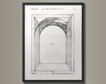 Übung der Perspektive: 18th C. Radierungen | Architektur | Illustration | Geometrie | Perspektive Kunst | Vintage Anfertigung | Fluchtpunkt