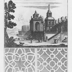 May include: A black and white engraving of a garden design. The print shows a building with a dome and a series of geometric patterns. The text "Print # 4" is in the top left corner.
