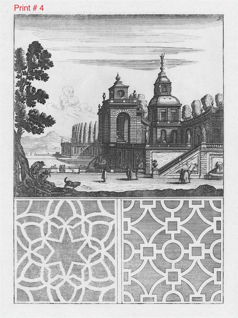 May include: A black and white engraving of a garden design. The print shows a building with a dome and a series of geometric patterns. The text "Print # 4" is in the top left corner.