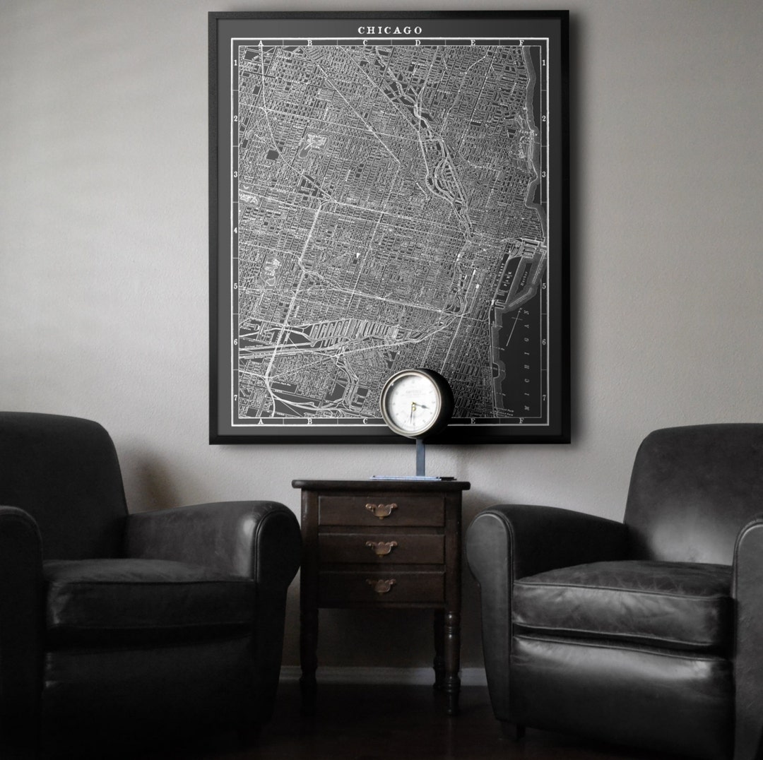 Chicago Map : Large Black and White Vintage Chicago Map Print Vintage