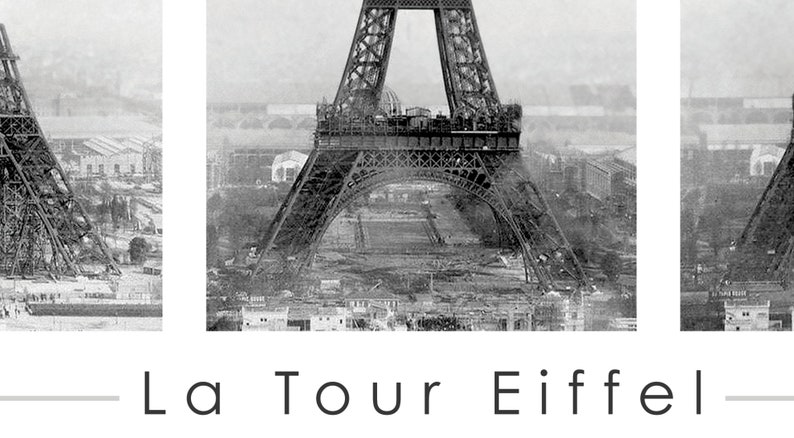 May include: Black and white vintage photograph of the Eiffel Tower under construction. The image shows the intricate iron lattice structure against a cityscape background. The text "La Tour Eiffel" is at the bottom.