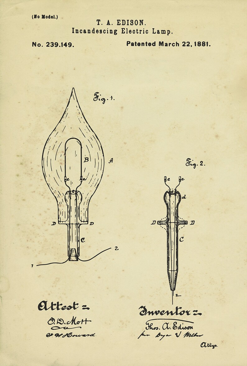 Vintage Patent Print 5 : Vintage Edison Light Bulb Patent | Etsy
