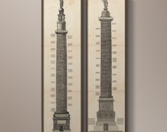 May include: A pair of black and white prints depicting a detailed illustration of the Trajan's Column in Rome. The column is a tall, cylindrical structure with a spiral relief depicting scenes from Trajan's military campaigns.