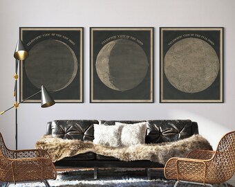 May include: Three black framed prints with gold text and illustrations of the moon in different phases. The text reads "Telescopic View of the New Moon", "Telescopic View of the Moon", and "Telescopic View of the Full Moon".