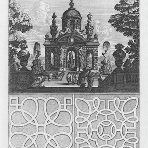 May include: A black and white engraving of a garden design. The design features a central structure with a dome and a series of arches. The structure is surrounded by trees, shrubs, and a fountain. The engraving also includes a plan of a maze.