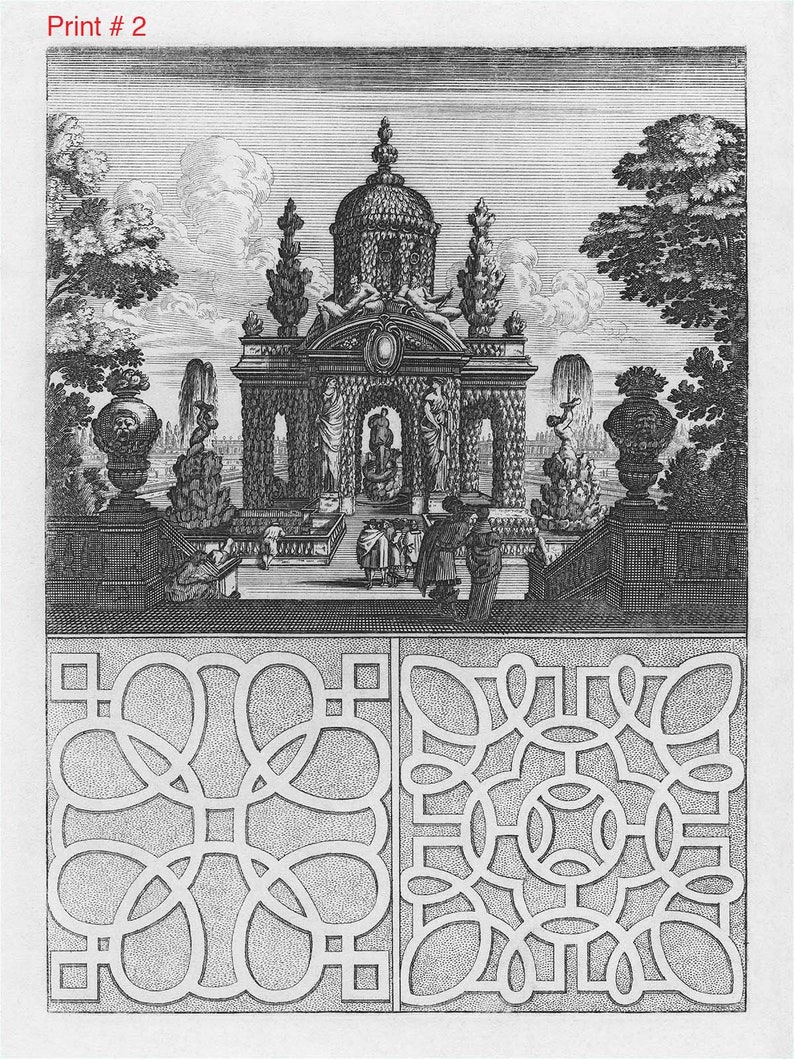 May include: A black and white engraving of a garden design. The design features a central structure with a dome and a series of arches. The structure is surrounded by trees, shrubs, and a fountain. The engraving also includes a plan of a maze.