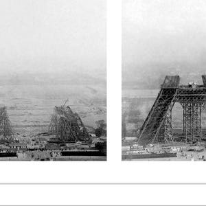 May include: Black and white photograph of the Eiffel Tower under construction. The image shows the skeletal iron structure of the tower at different stages of completion, with workers and surrounding buildings visible.