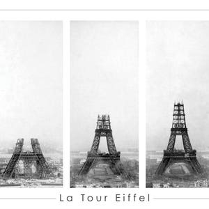May include: A black and white photographic print depicting the construction phases of the Eiffel Tower. The image is divided into seven vertical panels, showing the tower's progression from initial framework to completion. The text "La Tour Eiffel" is at the bottom.