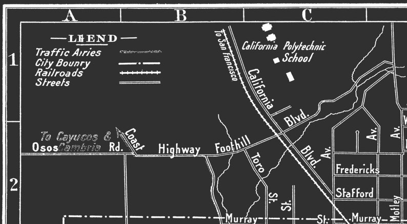 Op de afbeelding: Een zwart-witte kaart van een stad met ge&euml;tiketteerde straten, wegen en spoorwegen. De kaart bevat de tekst "California Polytechnic School" en "To San Francisco".