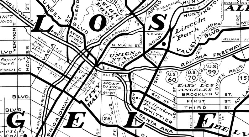 Los Angeles Street Map 1940 Hollywood Blvd Highland Ave Traffic 