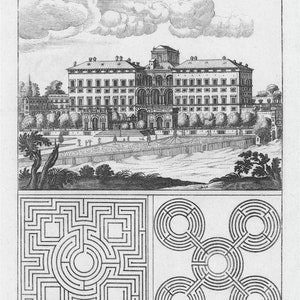May include: A black and white engraving of a palace with a garden maze. The palace has a central courtyard and two wings. The garden maze is a square with a circular center and a four-leaf clover design.