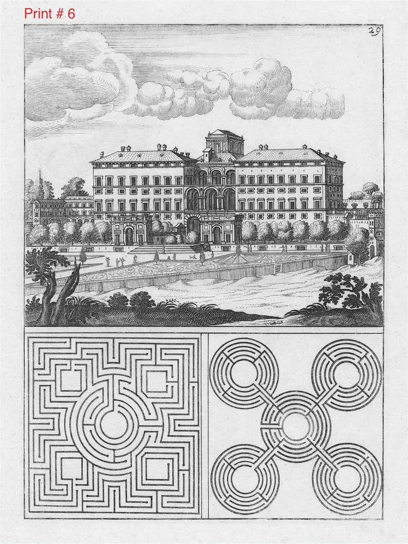 May include: A black and white engraving of a palace with a garden maze. The palace has a central courtyard and two wings. The garden maze is a square with a circular center and a four-leaf clover design.