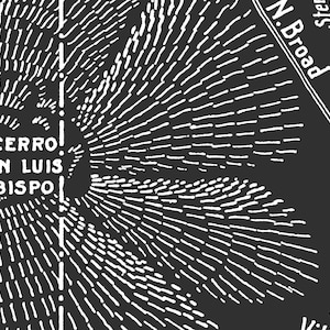 Op de afbeelding: Een zwart-witte kaart met een stervormig patroon dat uitstraalt vanuit het midden, waarop "CERRO SAN LUIS OBISPO" staat. De kaart bevat ook straatnamen zoals "N. Broad" en "Old Garden St."