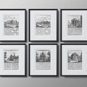 May include: Six black framed prints of vintage engravings depicting architectural designs of buildings and gardens. Each print features a detailed illustration of a building or garden, with intricate details and geometric patterns.