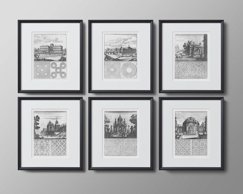 May include: Six black framed prints of vintage engravings depicting architectural designs of buildings and gardens. Each print features a detailed illustration of a building or garden, with intricate details and geometric patterns.