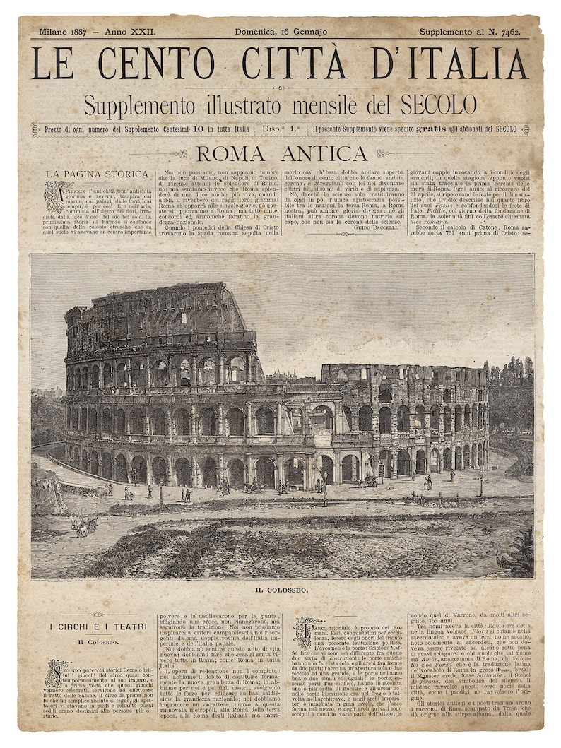 Vintage Italian Newspaper : Roma Antica Full Cover 2 Vintage Newspaper Print Circa 1887 Vintage Italy Art Old Italian Art image 4
