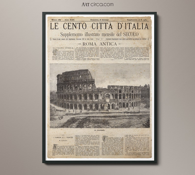 Vintage Italian Newspaper : Roma Antica Full Cover 2 Vintage Newspaper Print Circa 1887 Vintage Italy Art Old Italian Art image 2