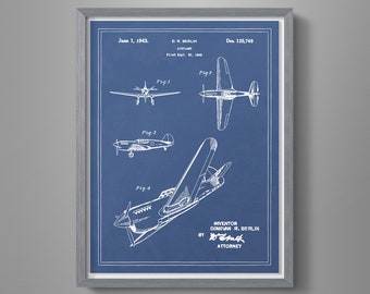 May include: A blue and white vintage patent drawing of an airplane design. The drawing shows four different views of the airplane, labeled Fig. 1 through Fig. 4. The patent number is Des. 135,749 and the inventor is Donovan R. Berlin.