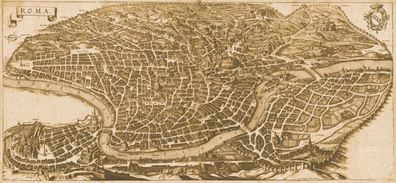 May include: An antique map of Rome, Italy, with the title "ROMA." printed in a banner at the top. The map shows the city's layout with streets, buildings, and the Tiber River.