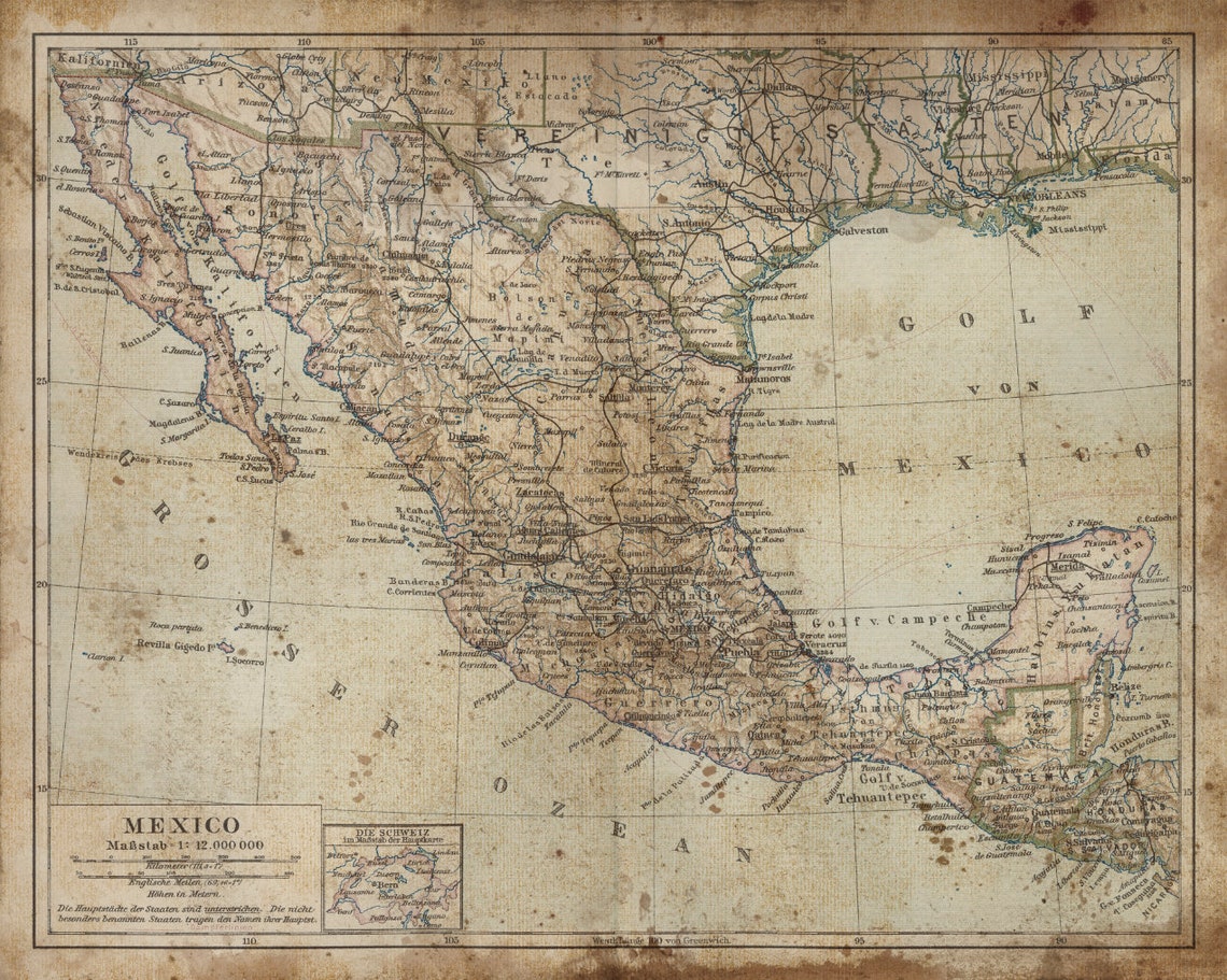 Mexico Map : Old Mexico Vintage Mexico Map Print Large | Etsy