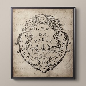 May include: A black and white vintage print of a crest with the text "GEN DE PARIS GREFFE 20 SOIS" on a beige background with faded writing.