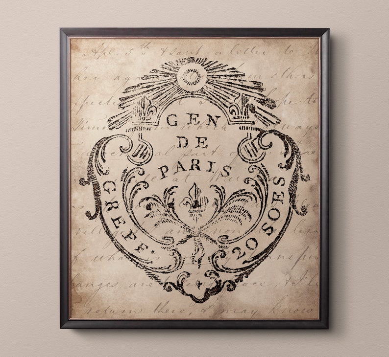 May include: A black and white vintage print of a crest with the text "GEN DE PARIS GREFFE 20 SOIS" on a beige background with faded writing.