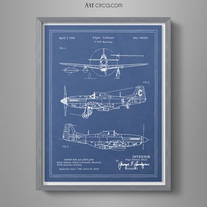 Airplane Blueprint - P-51 Mustang Blueprint - Airplane Drawing - Boys Room Airplane Decor -  Travel Blueprint Art - WW2 Airplane Patent