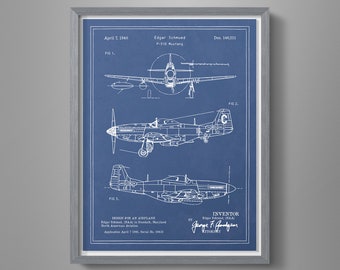 Airplane Blueprint - P-51 Mustang Blueprint - Airplane Drawing - Boys Room Airplane Decor -  Travel Blueprint Art - WW2 Airplane Patent