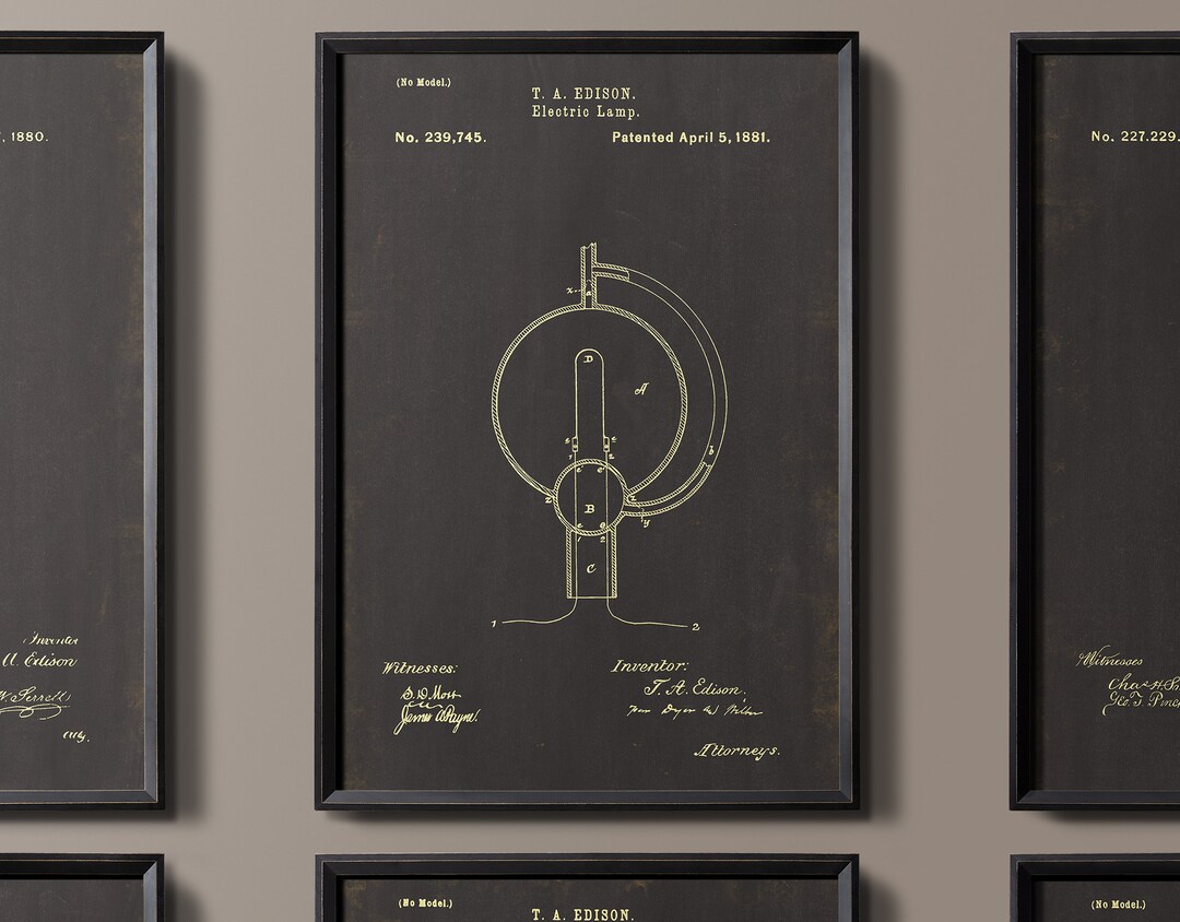 Vintage Patent Print 6 : Vintage Edison Light Bulb Patent Print Poster Edison Lightbulb Patent ...