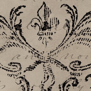 May include: A black and white vintage design with a fleur-de-lis in the center and ornate scrollwork on either side. The design is printed on a textured, beige background.