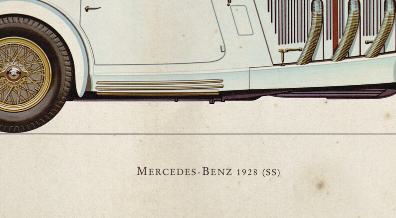 K&ouml;nnte beinhalten: Eine Illustration eines wei&szlig;en Mercedes-Benz 1928 (SS) Oldtimers. Das Auto hat ein goldfarbenes Rad und ein detailliertes Seitenprofil.