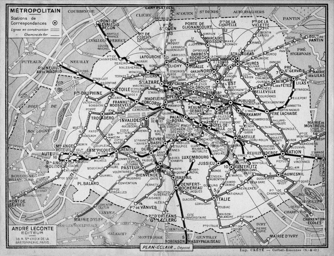 Paris Metro Map : Vintage 1950s Paris France Guilmin's Parisian Métro ...