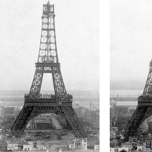 May include: Black and white vintage photograph of the Eiffel Tower under construction. The iconic wrought-iron lattice tower is partially built, with workers and construction materials visible at the base. The background shows a cityscape.