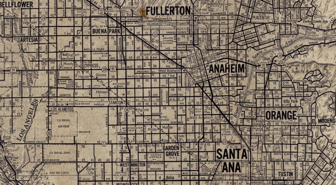 Orange County Map Vintage Orange County map print Circa Etsy