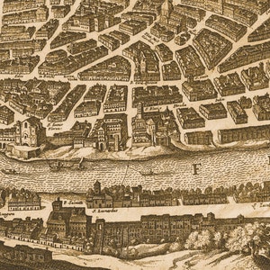 May include: An antique map of a city with a river running through it. The map is in black and white and shows the layout of the city with streets, buildings, and landmarks. The river is labelled "Fluvius" and the city is labelled "Urbs".
