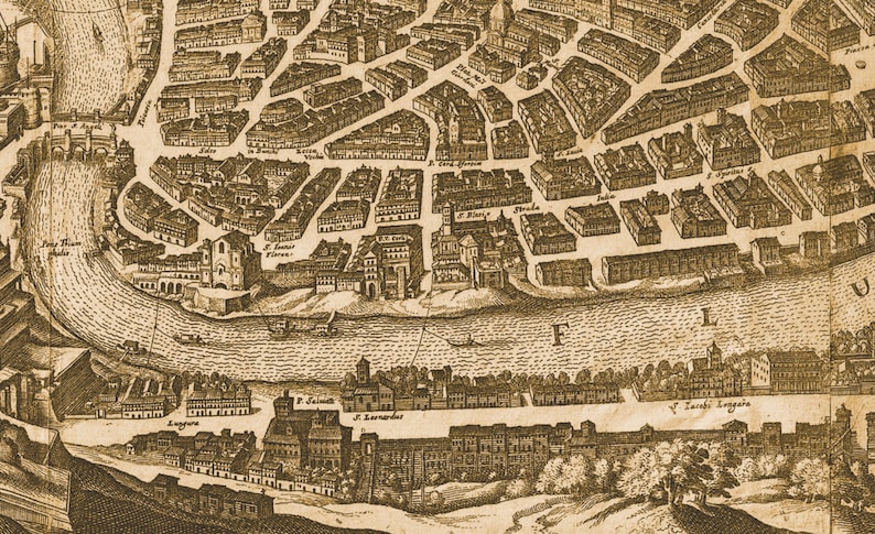 May include: An antique map of a city with a river running through it. The map is in black and white and shows the layout of the city with streets, buildings, and landmarks. The river is labelled "Fluvius" and the city is labelled "Urbs".