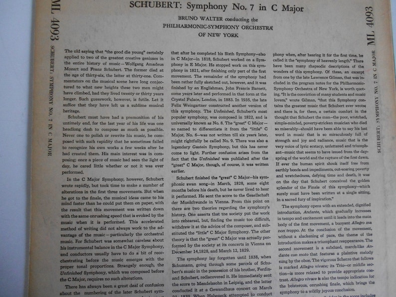 Scubert : Symphony No. 7 in C Major Bruno Walter conducting the Philharmomnic Symphony Orchestra of New York vinyl record image 3