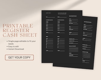 Business Cash Daily Sales Sheet, Register Tracking Sheet