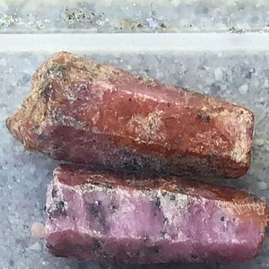 May include: A collection of six rough, red ruby crystals. The crystals are various sizes and shapes, with some having a more opaque appearance than others.